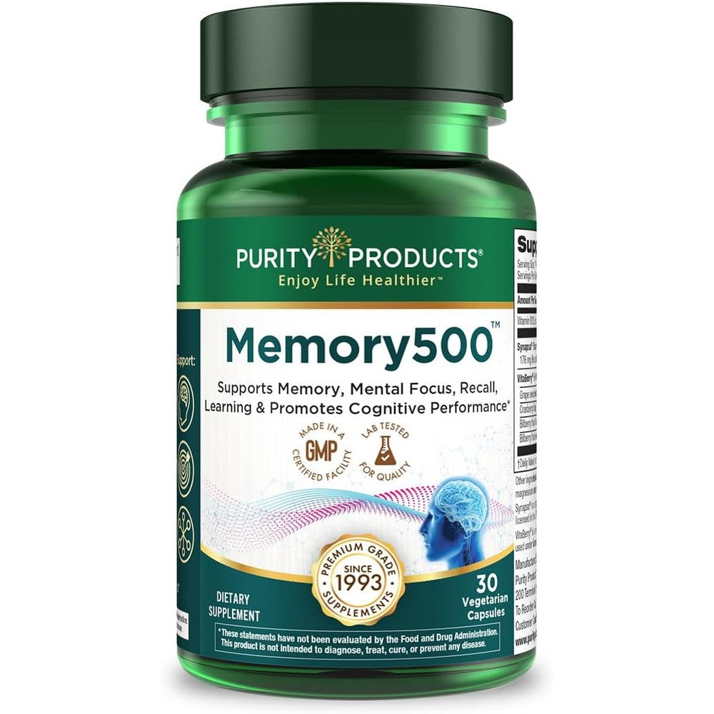 Purity Products Memory500 Bacopa Monnieri bottle front view premium brain health nootropics india