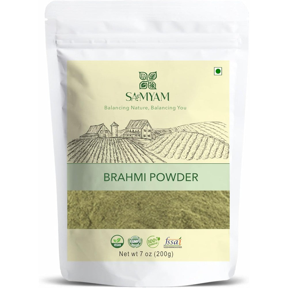 SAMYAM Brahmi Powder 200g container front view showing memory booster packaging.