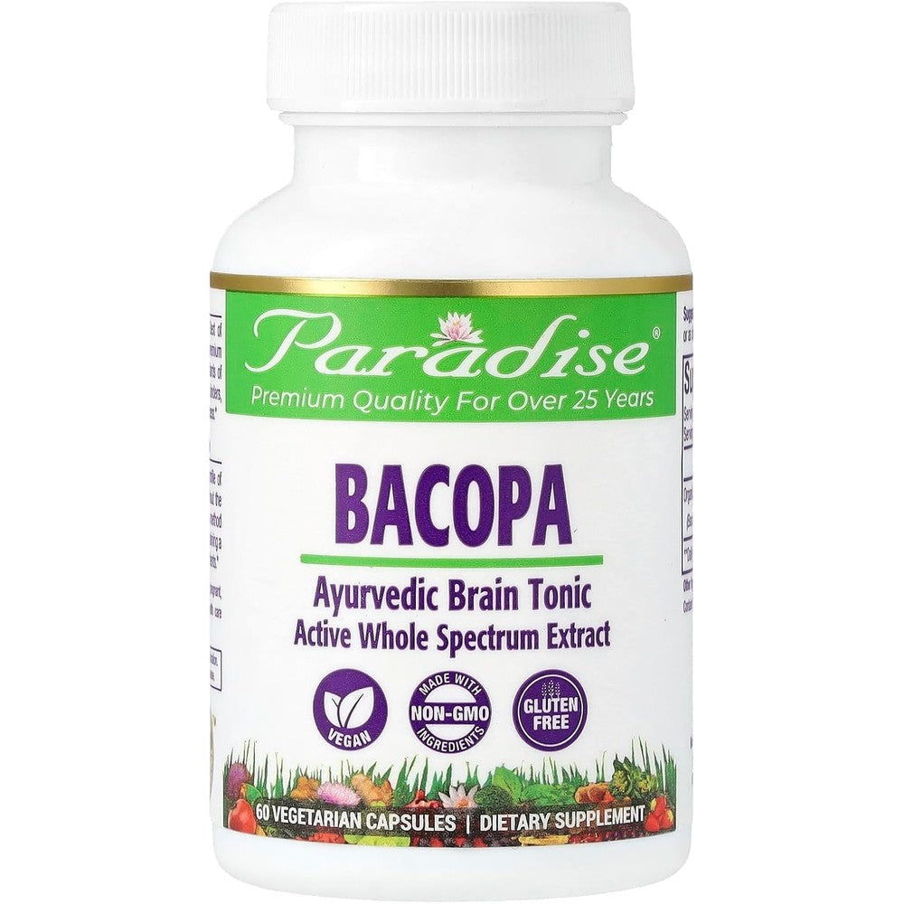 Paradise Herbs Bacopa Monnieri 60 vegetarian capsules front view bottle showing memory and cognitive support labels.