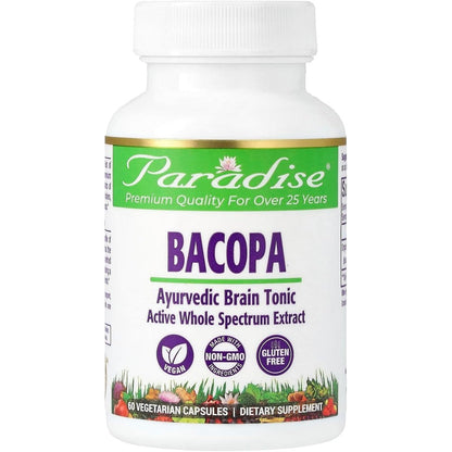Paradise Herbs Bacopa Monnieri 60 vegetarian capsules front view bottle showing memory and cognitive support labels.
