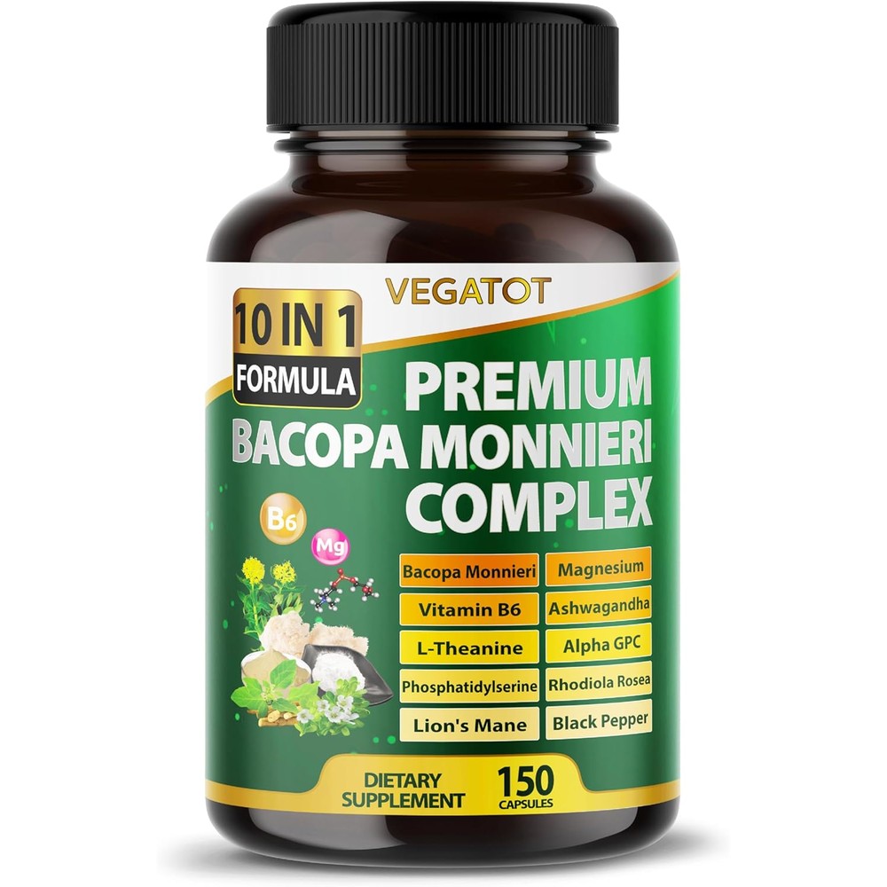 VEGATOT Premium Organic Bacopa Monnieri Complex 150 capsules bottle front view showing 10-in-1 formula details.