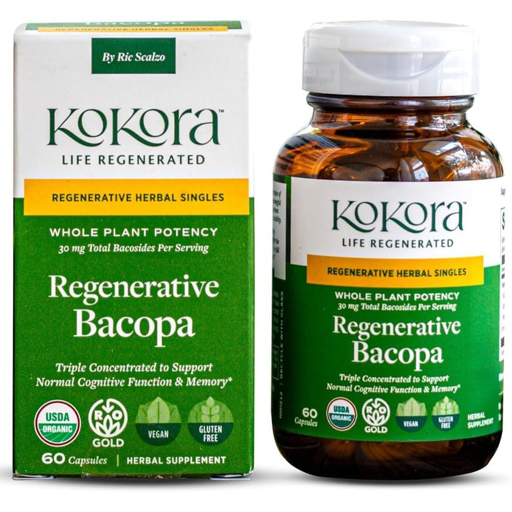 Kokora Regenerative Organic Bacopa 60 capsules bottle front view showing cognitive support label.