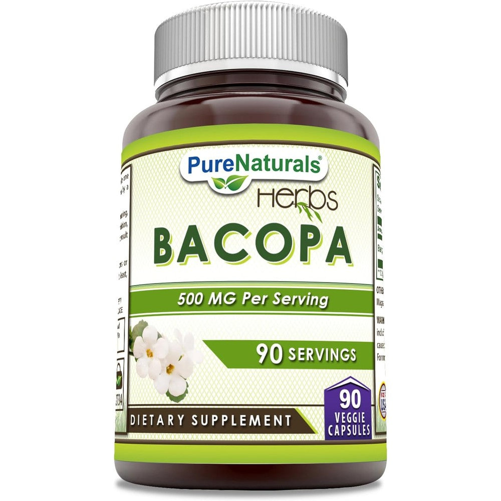 Pure Naturals Bacopa 500mg 90 Vegetarian Capsules front bottle view for cognitive support.