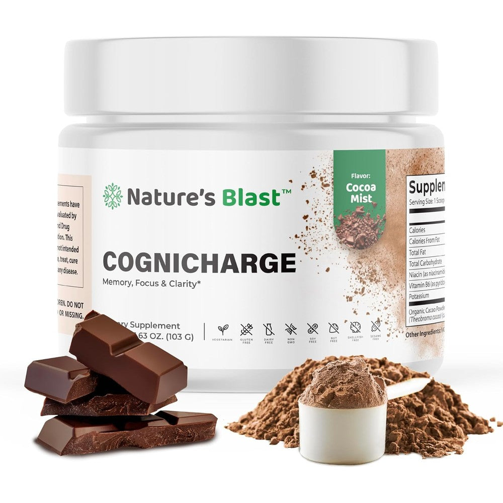 Natures Blast CogniCharge brain supplement powder front view showing authentic imported packaging.