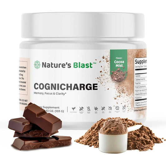 Natures Blast CogniCharge brain supplement powder front view showing authentic imported packaging.