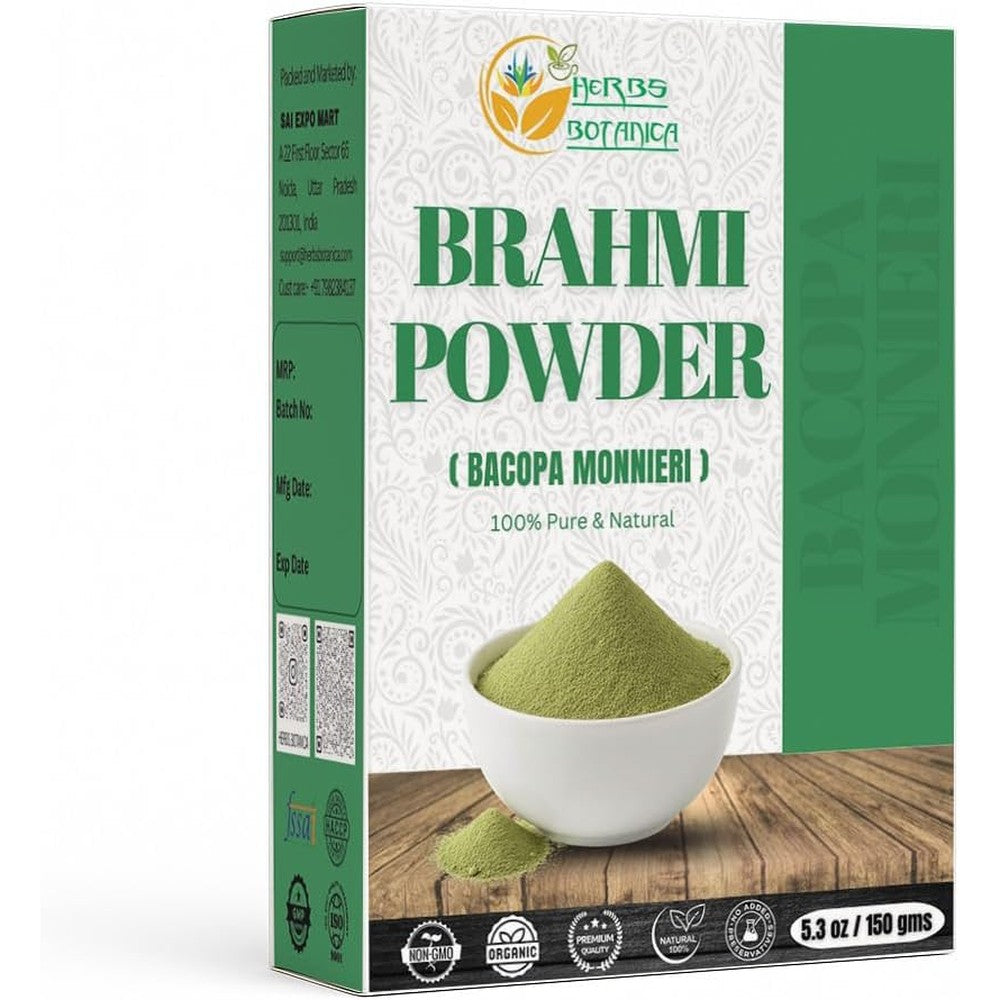 Herbs Botanica Brahmi Powder 150g front packaging view showing authentic Ayurvedic branding.