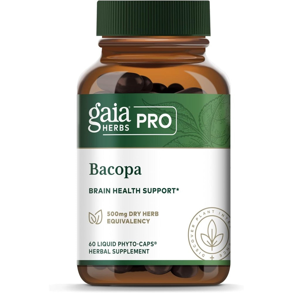 Gaia Herbs PRO Bacopa Brain Nootropic 60 capsules front bottle view showing brain health supplement packaging