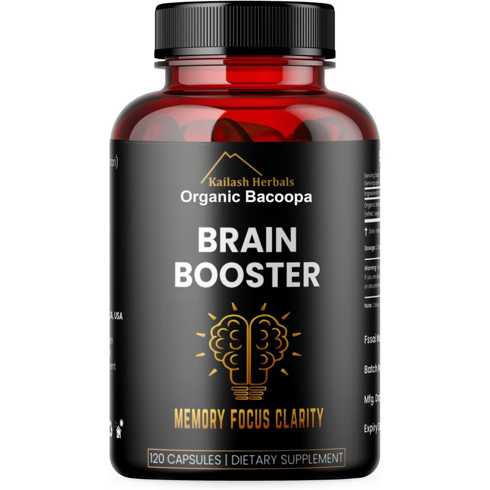 Kailash Herbals Organic Bacopa Monnieri Brain Booster 120 capsules front bottle view for cognitive support.