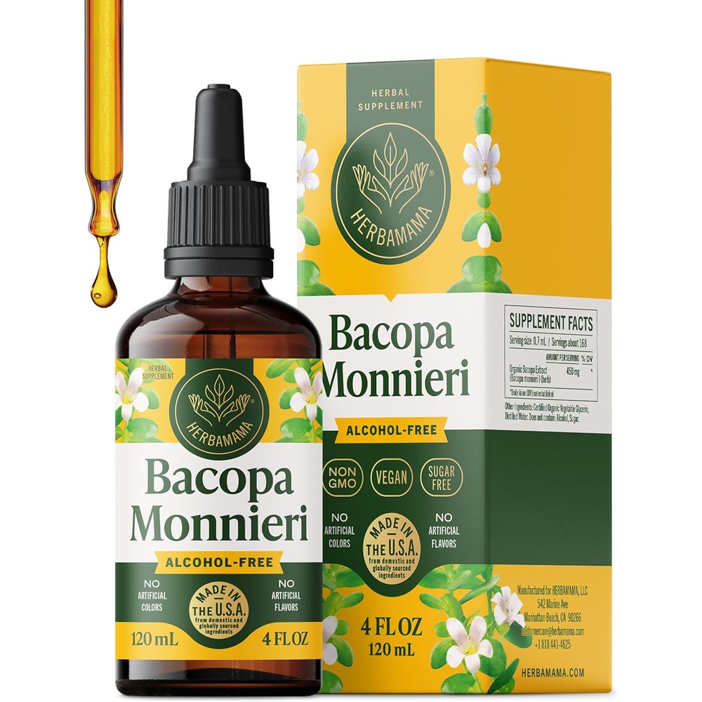 HERBAMAMA Bacopa Monnieri Liquid Tincture front view showing the 120 mL dropper bottle for brain focus.