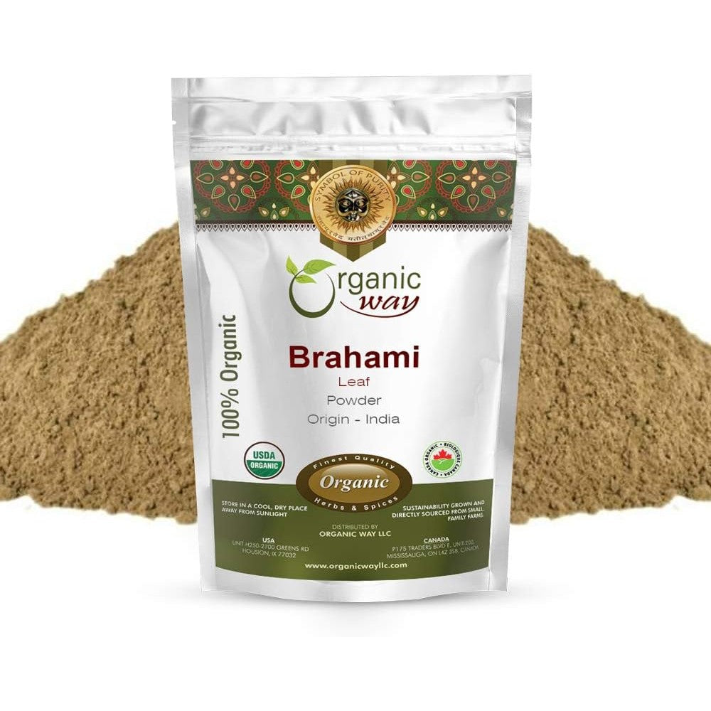 Organic Way Brahmi Leaf Powder front view pack of pure Bacopa Monnieri supplement.