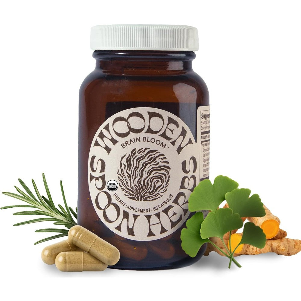 Wooden Spoon Herbs Brain Bloom bottle front view showing organic memory supplement label