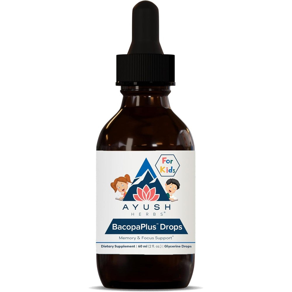 Ayush Herbs BacopaPlus Drops for Kids 60 milliliters bottle front view showing cognitive support labels.
