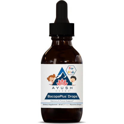 Ayush Herbs BacopaPlus Drops for Kids 60 milliliters bottle front view showing cognitive support labels.