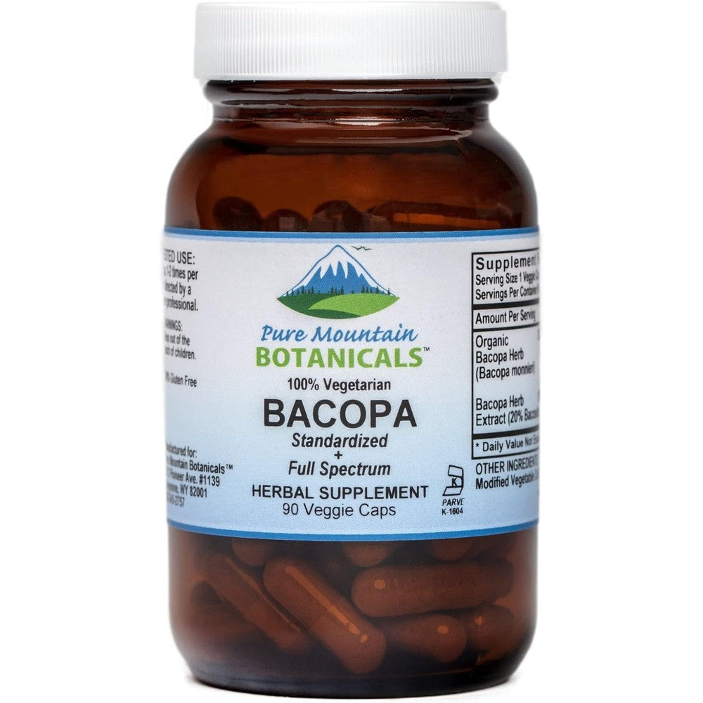 Pure Mountain Botanicals Organic Bacopa Monnieri 90 vegan capsules front view for cognitive brain support.