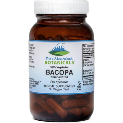 Pure Mountain Botanicals Organic Bacopa Monnieri 90 vegan capsules front view for cognitive brain support.