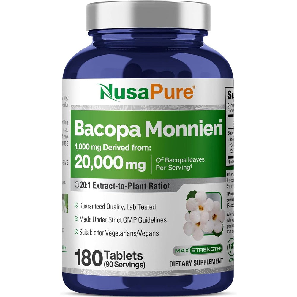 NusaPure Bacopa Monnieri Leaf Extract 180 tablets front bottle view for cognitive support.