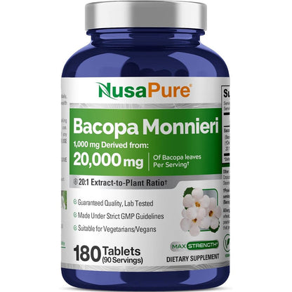 NusaPure Bacopa Monnieri Leaf Extract 180 tablets front bottle view for cognitive support.
