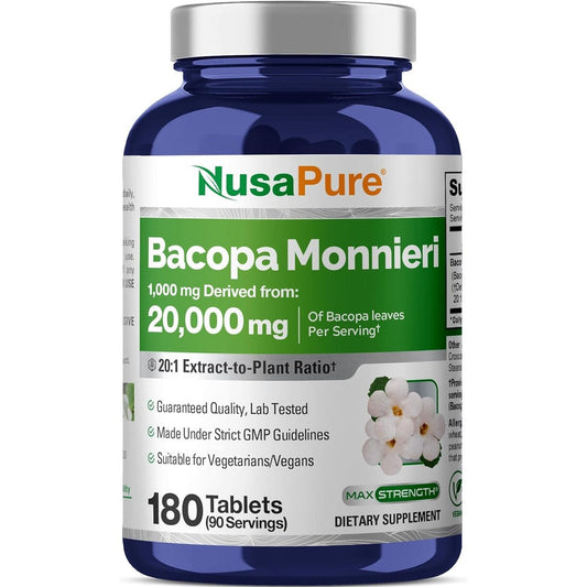 NusaPure Bacopa Monnieri Leaf Extract 180 tablets front bottle view for cognitive support.