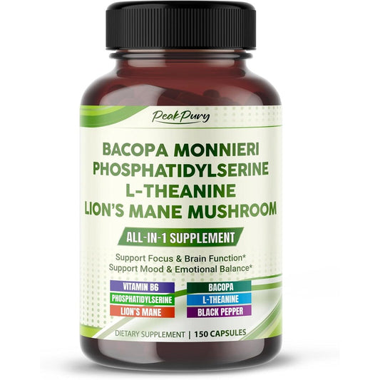 PEAKPURY Bacopa and Phosphatidylserine 150 capsules bottle front view showing clean label nootropic brain supplement