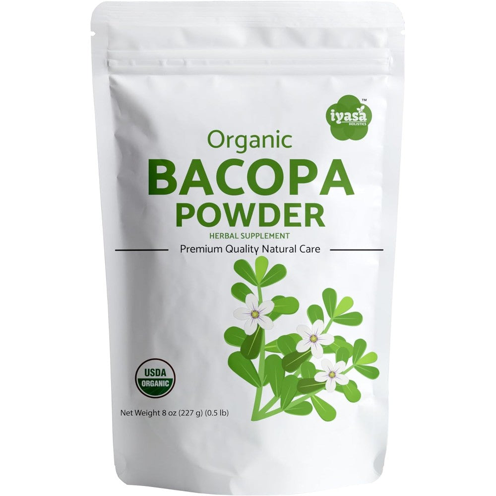 Iyasa Holistics Organic Bacopa Monnieri Brahmi Powder 227g front packaging view showing USDA organic certification seal.