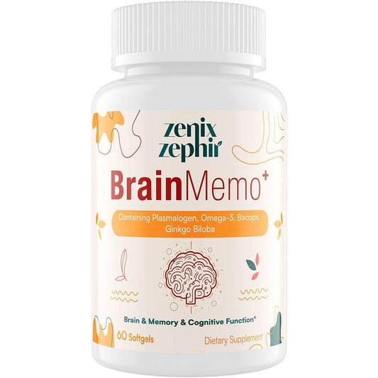 ZenixZephir BrainMemo 60 softgels front view showing premium cognitive support packaging.