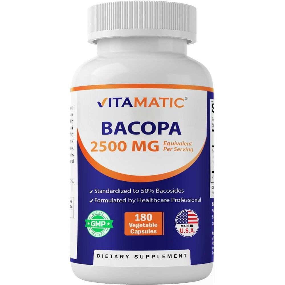 Vitamatic Bacopa Monnieri 2500mg Equivalent 180 capsules front view bottle for brain health support