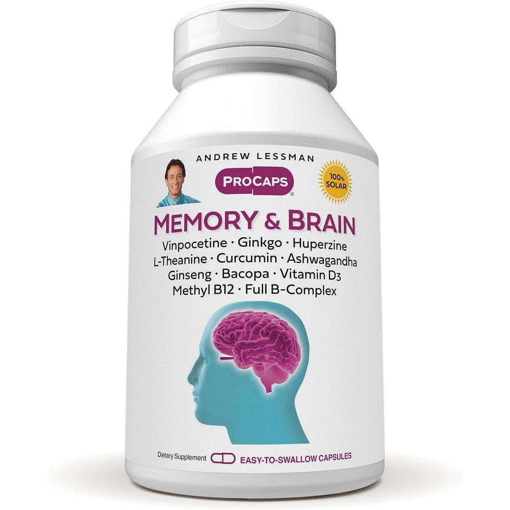 Andrew Lessman Memory and Brain Support supplement bottle front view showcasing premium cognitive ingredients.