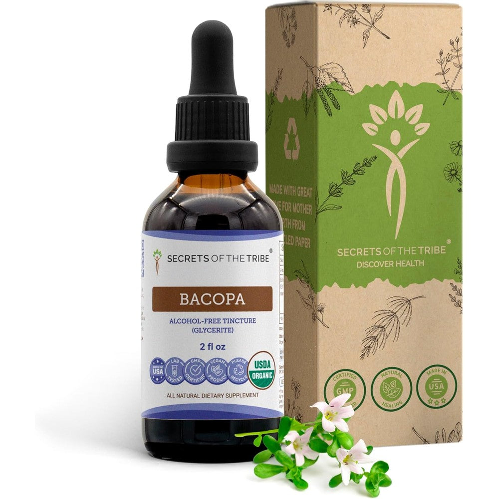 Secrets of the Tribe Organic Bacopa Monnieri Extract front view bottle for cognitive health