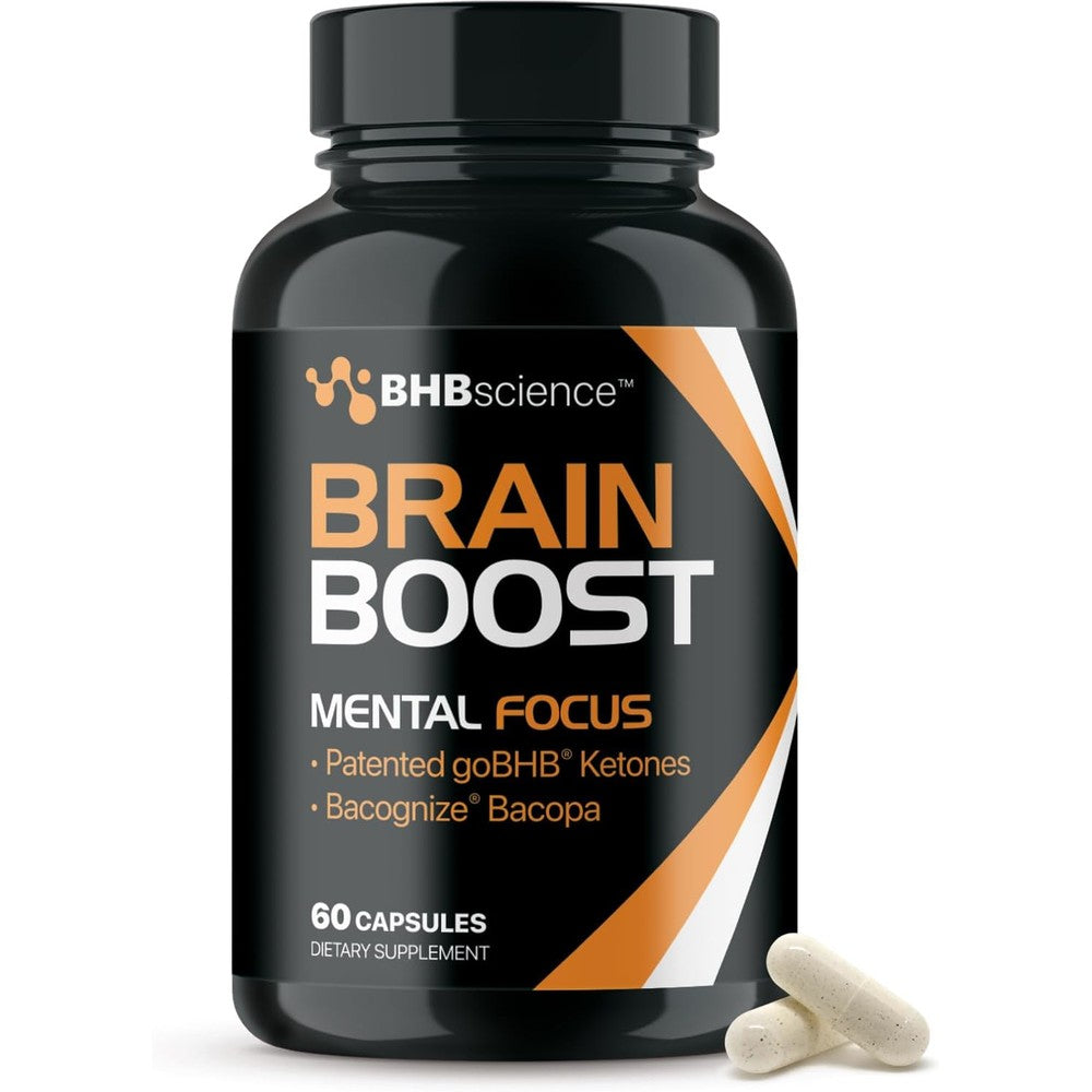 Real Ketones Brain Booster Supplement front view showing 60 capsules bottle for cognitive support.
