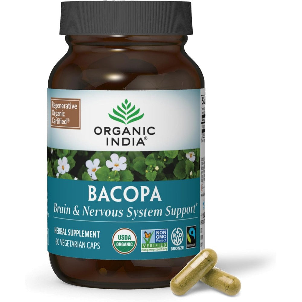 Organic India Bacopa Monnieri front bottle view brain supplement
