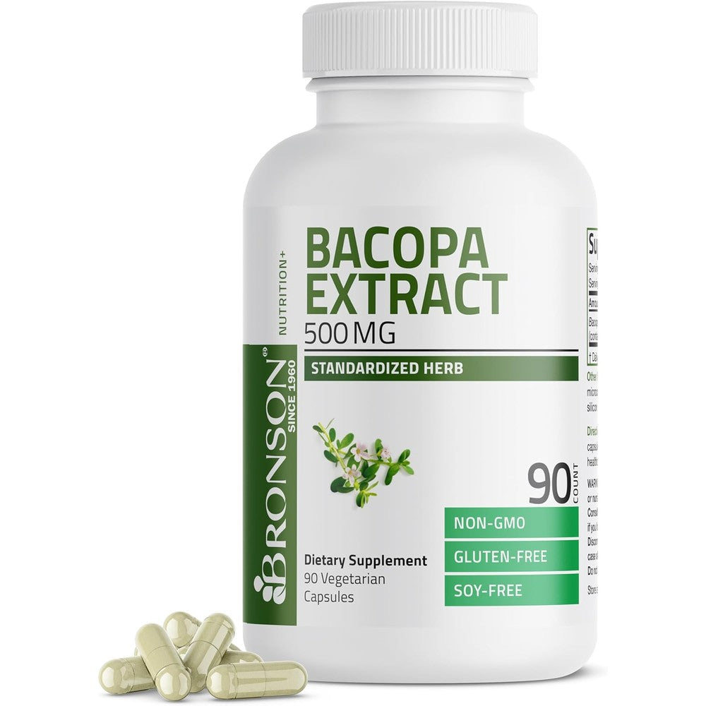 Bronson Laboratories Bacopa Monnieri Extract 500mg 90 vegetarian capsules front bottle view for mental clarity.
