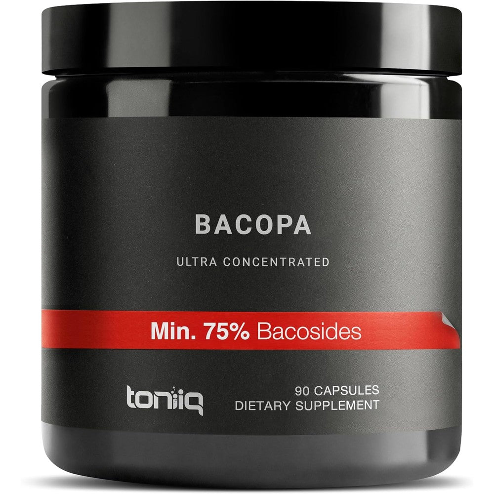 Toniiq Bacopa 45:1 Extract 90 capsules front view bottle showing premium packaging for memory support