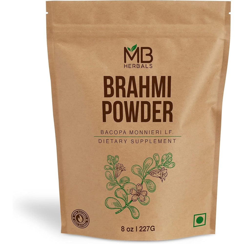 MB Herbals Pure Brahmi Leaf Powder front packaging view for authentic Ayurvedic hair care