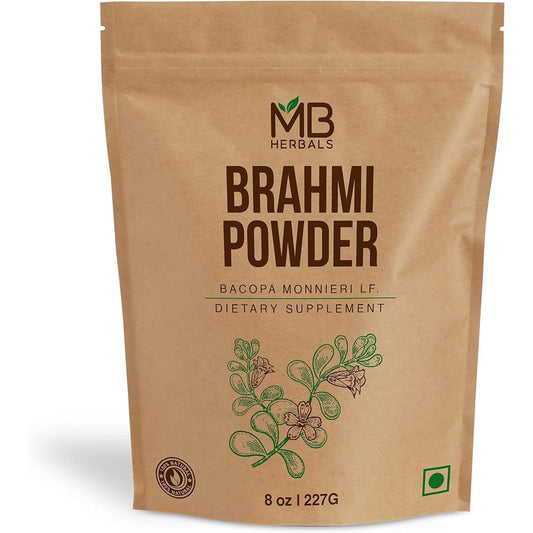 MB Herbals Pure Brahmi Leaf Powder front packaging view for authentic Ayurvedic hair care