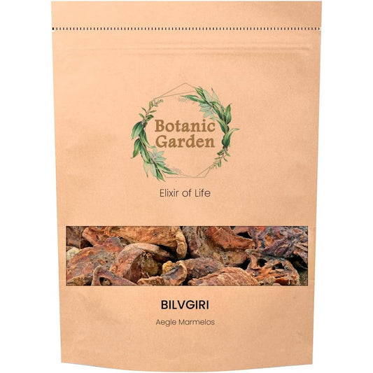 Botanic Garden Raw Bilva Bael Fruit Herb 100g bag front view showing dried Aegle marmelos slices.