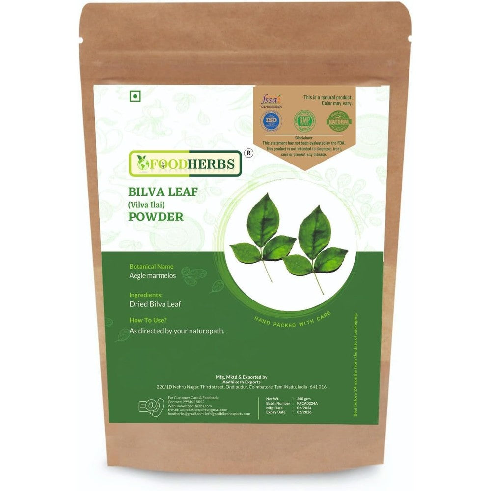 Foodherbs Bilva Leaf Powder 200 grams front packaging showing authentic Ayurvedic supplement certifications