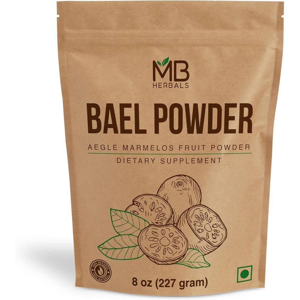 MB Herbals Bael Powder 8 Ounce front view of the resealable pouch packaging showing pure digestive supplement fruit powder.