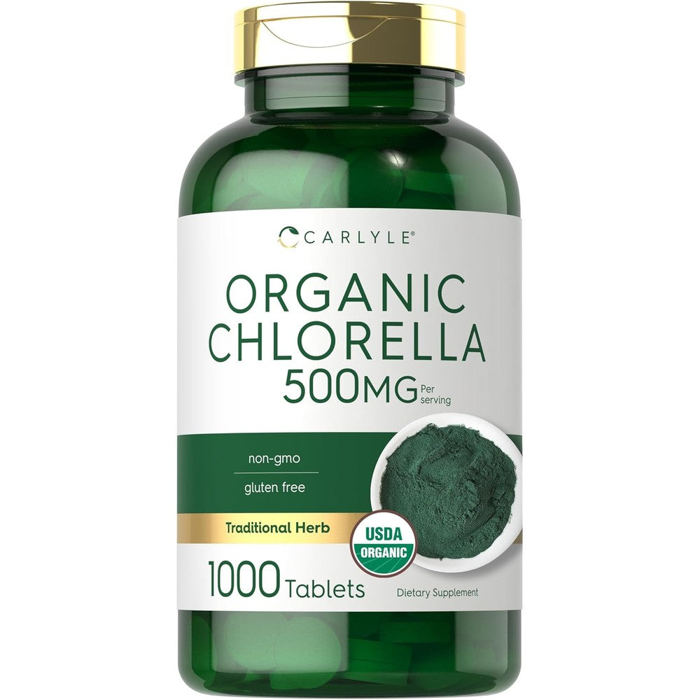 Carlyle Organic Chlorella 500mg 1000 Tablets front view bottle