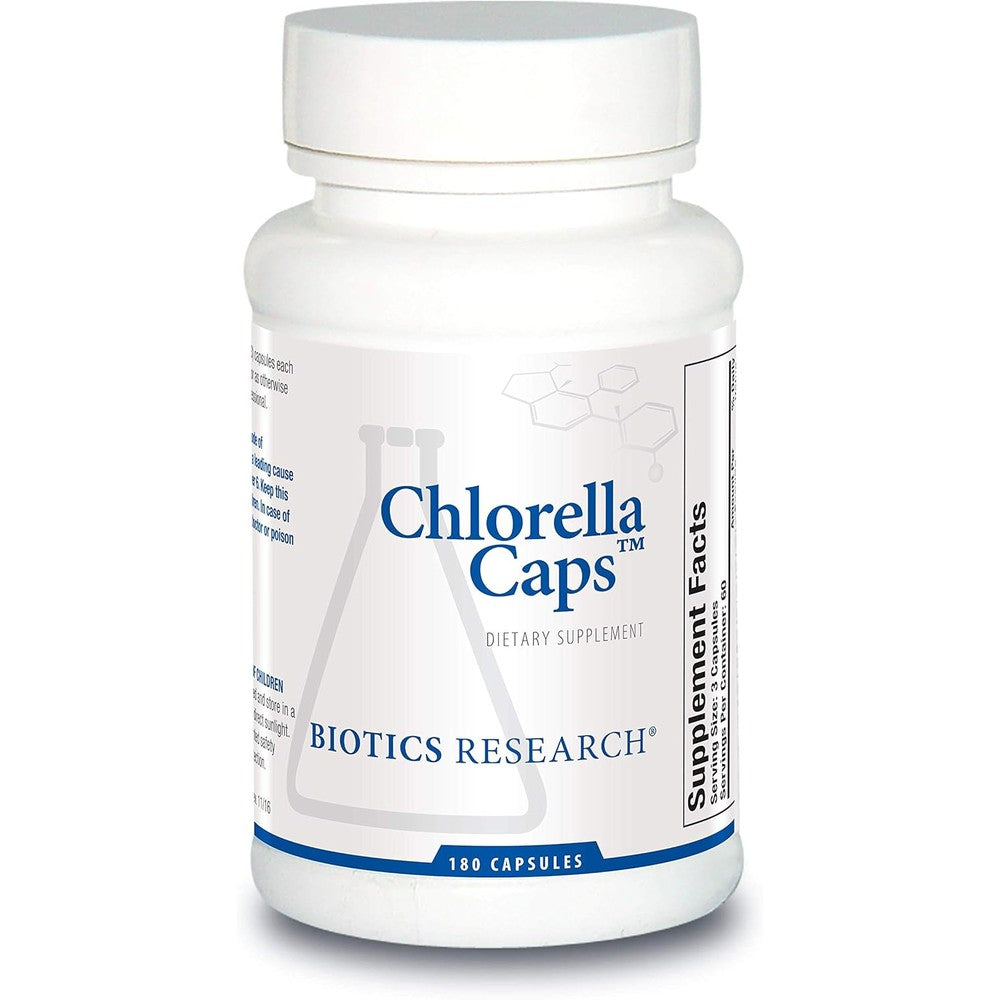 Biotics Research Chlorella 180 Capsules bottle front view for digestive detox