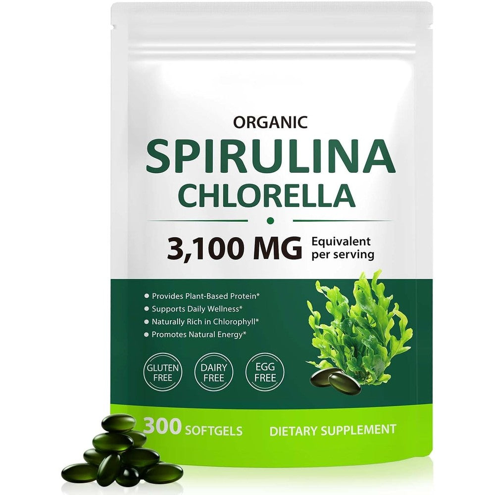 Tiuedu Spirulina and Chlorella 300 softgels front bottle view