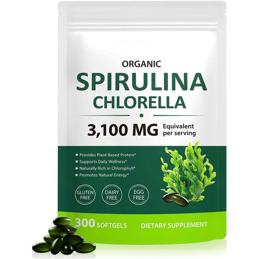 Tiuedu Spirulina and Chlorella 300 softgels front bottle view
