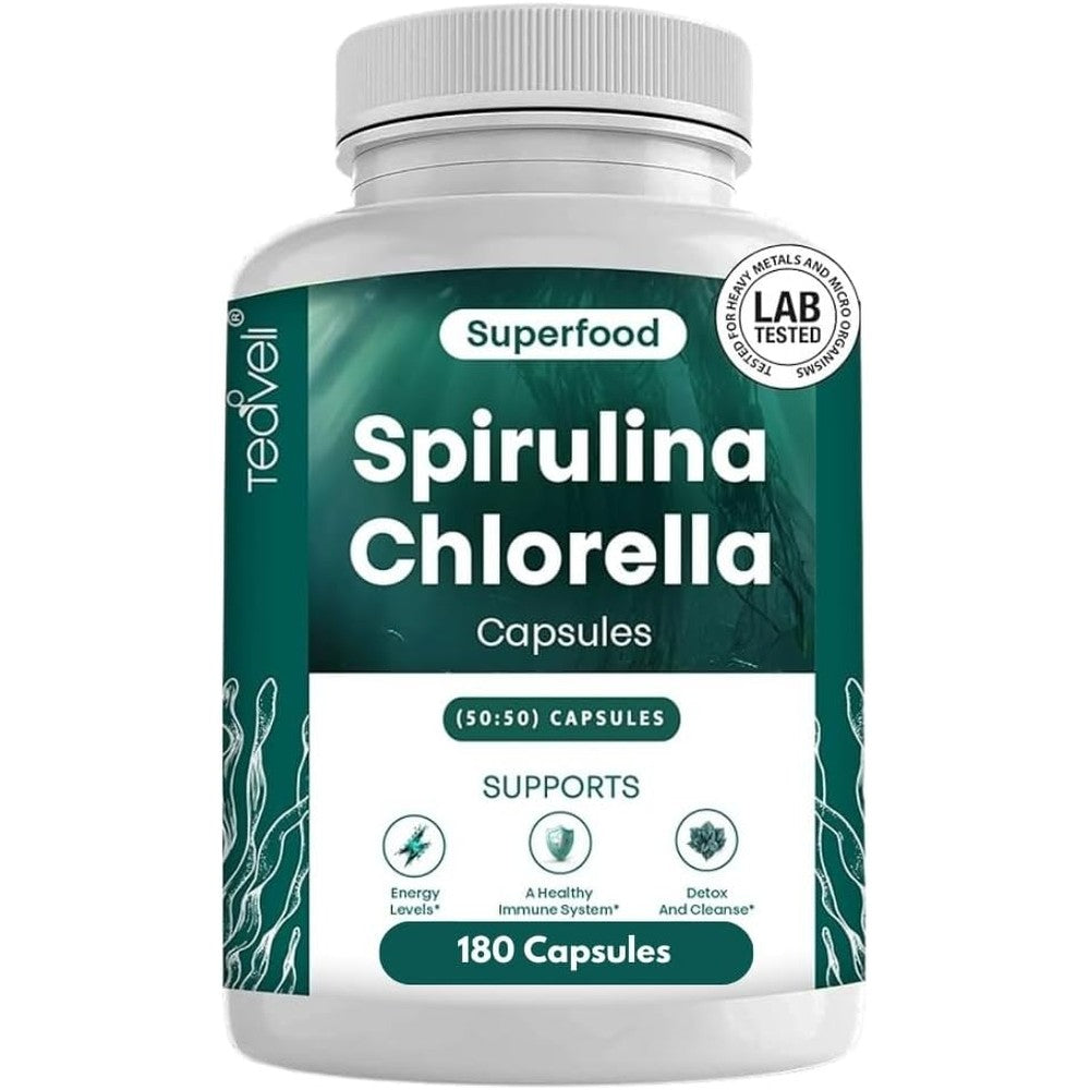 Teaveli Organic Spirulina and Chlorella capsules front view bottle