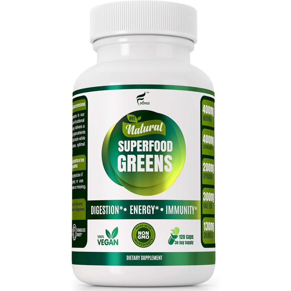 Folona Organic Vegan Super Greens with Ashwagandha front view bottle