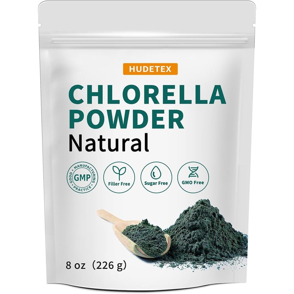 Hudetex Natural Chlorella Powder 8 Ounce resealable pouch front view