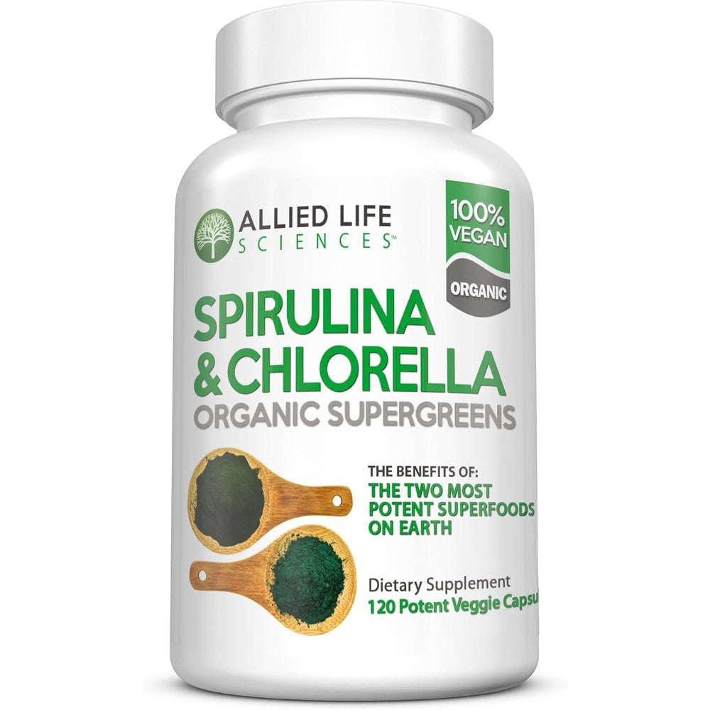 Allied Life Sciences Spirulina and Chlorella bottle front view