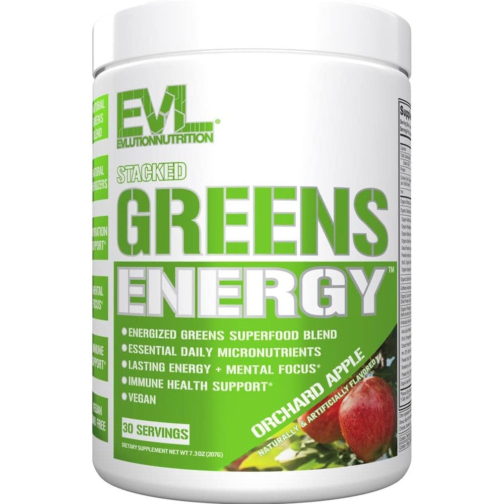 Evlution Nutrition Stacked Greens Energy Powder Orchard Apple front view
