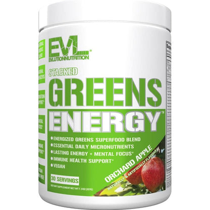 Evlution Nutrition Stacked Greens Energy Powder Orchard Apple front view