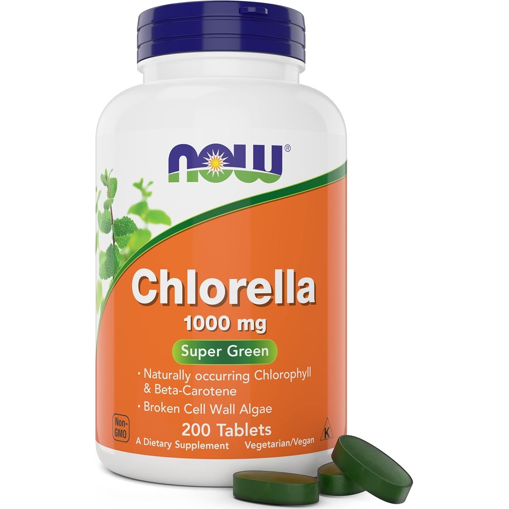 Now Foods Chlorella 1000mg 200 Tablets front view green superfood