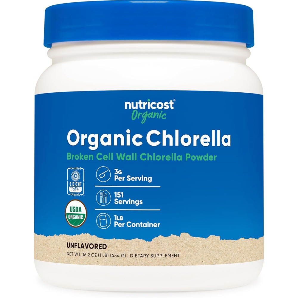 Nutricost Organic Chlorella Powder 16 Ounce container front view