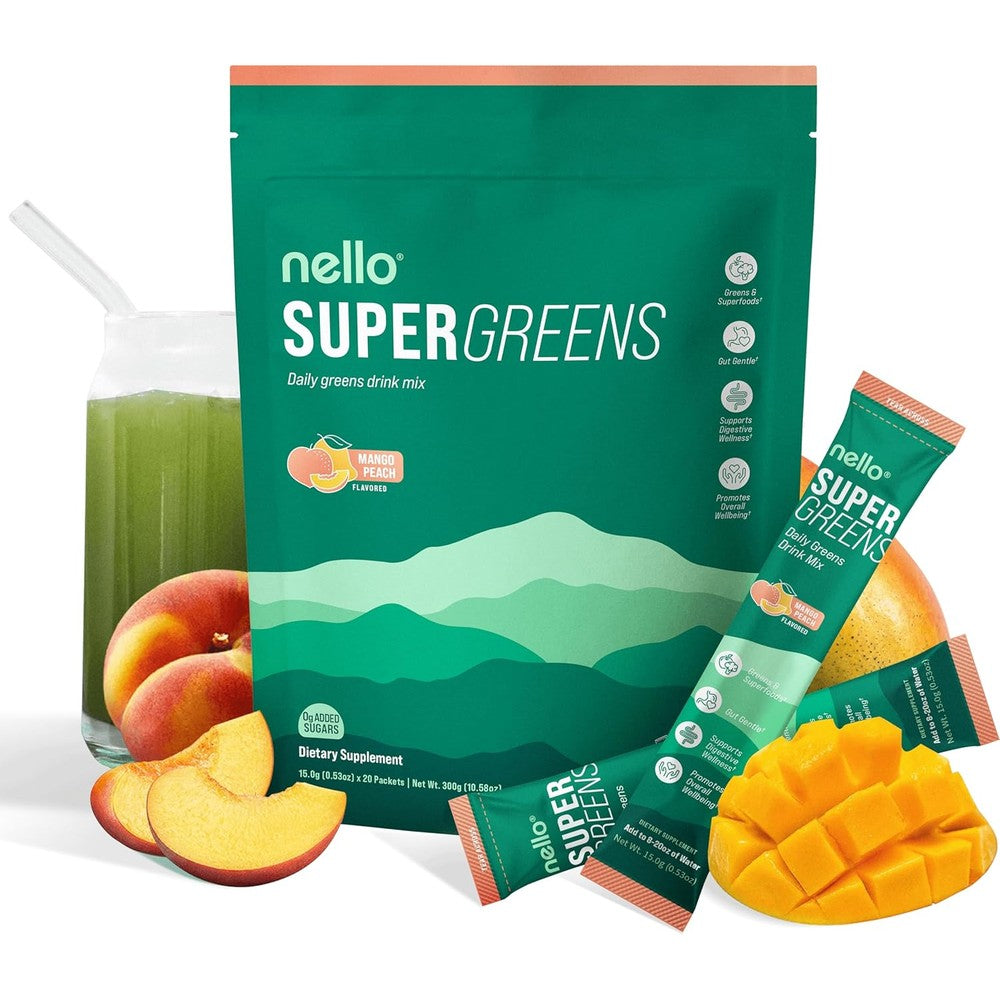 Nello Supergreens Premium Mango Peach drink mix front packaging view